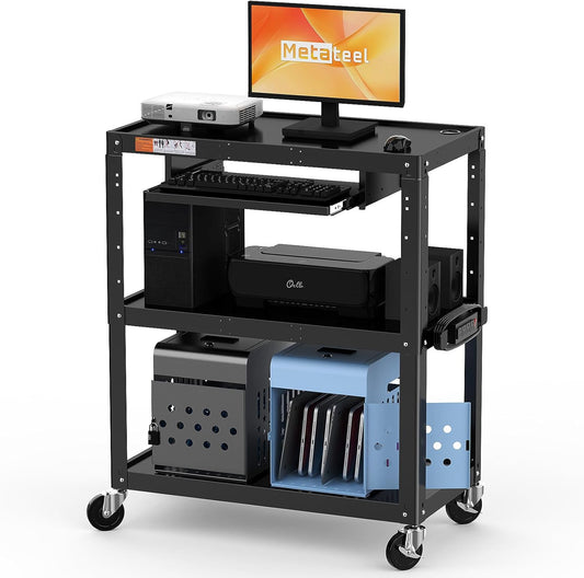 Extra-Large 3-Tier Utility Cart with Built-in Power Strip – Heavy-Duty 14-Gauge Steel Rolling Cart for Office, Workshop, or Classroom – 300 Lb Capacity (34" x 18" x 41.75")