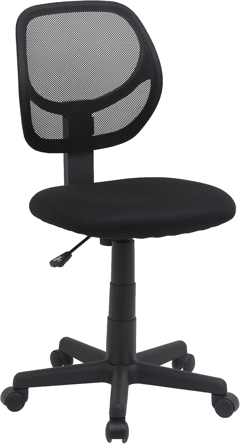 Amazon Basics Rolling Desk Chair, Adjustable, Low Back, Padded Seat, Breathable Mesh, Swivel, Black, 21.25" D x 22.5" W x 38" H
