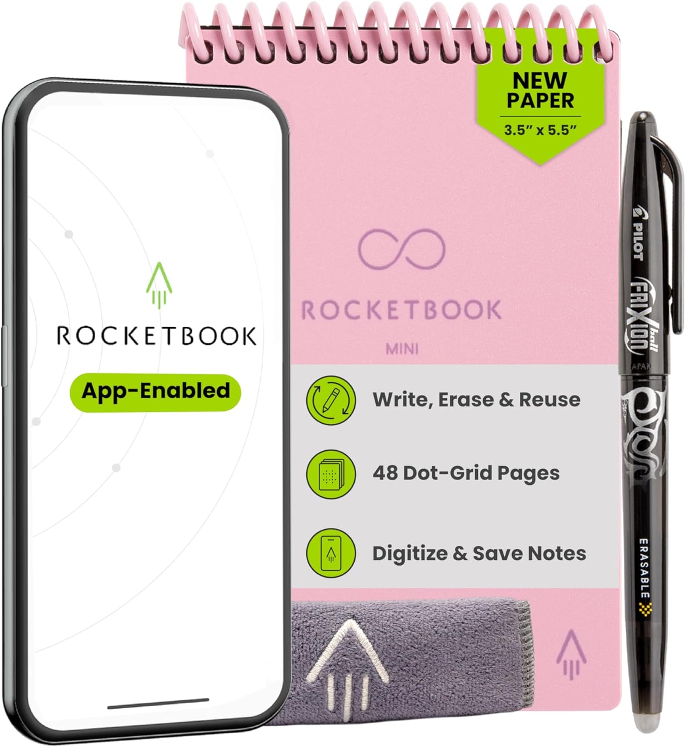 Rocketbook Mini Reusable Smart Notepad, Pocket Size Notebook 3.5x5.5, Pink - Dotted Pages, App-Connected, Erasable, Ideal for On-The-Go List Taking & Quick Notes Anywhere