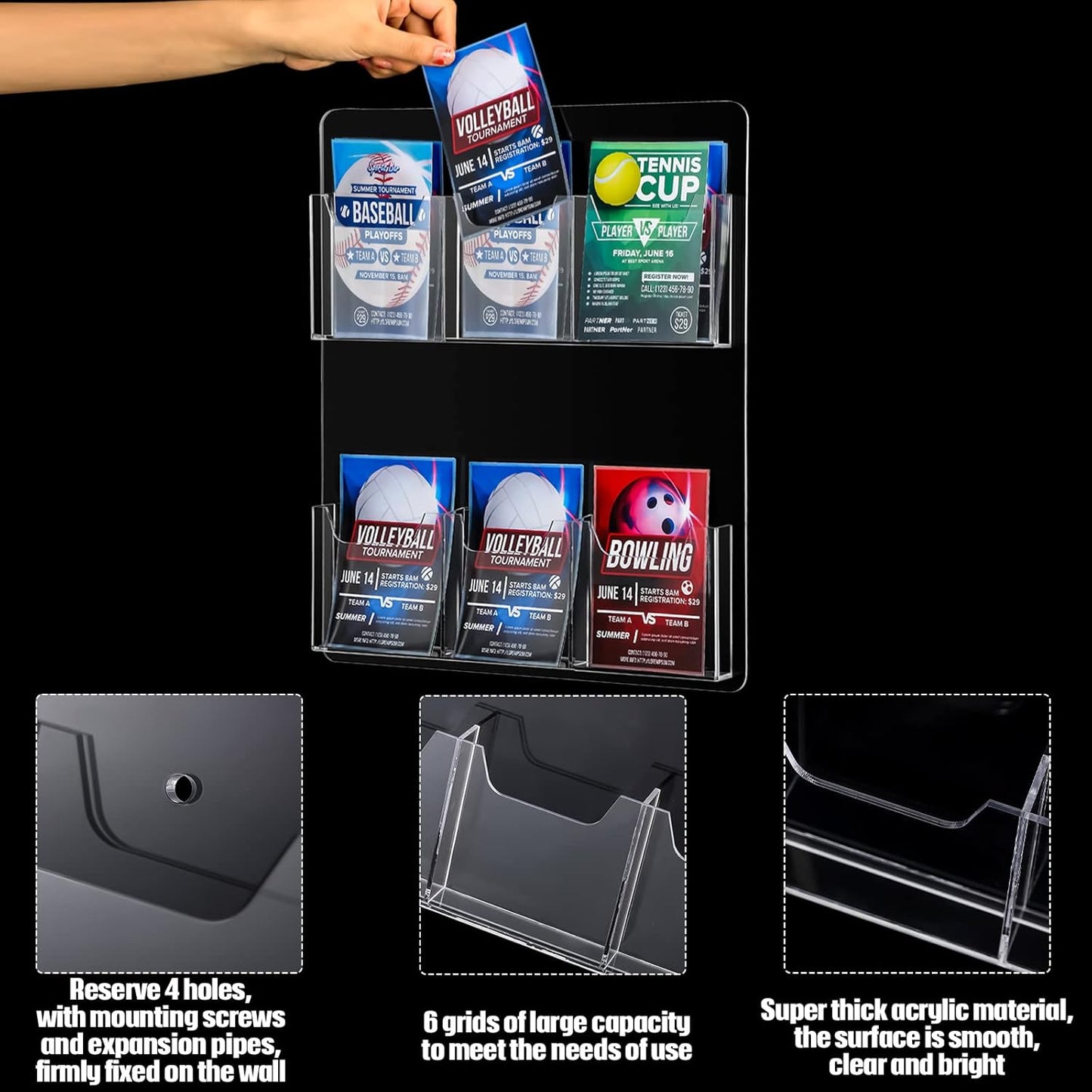 Eersida Acrylic Brochure Pamphlet Holder Brochure Display Stand Business Tri Fold Multi Slot Holder Rack Wall Mount Clear Pocket Space Saver for Flyer Literature Menu Advertise(6 Pockets)