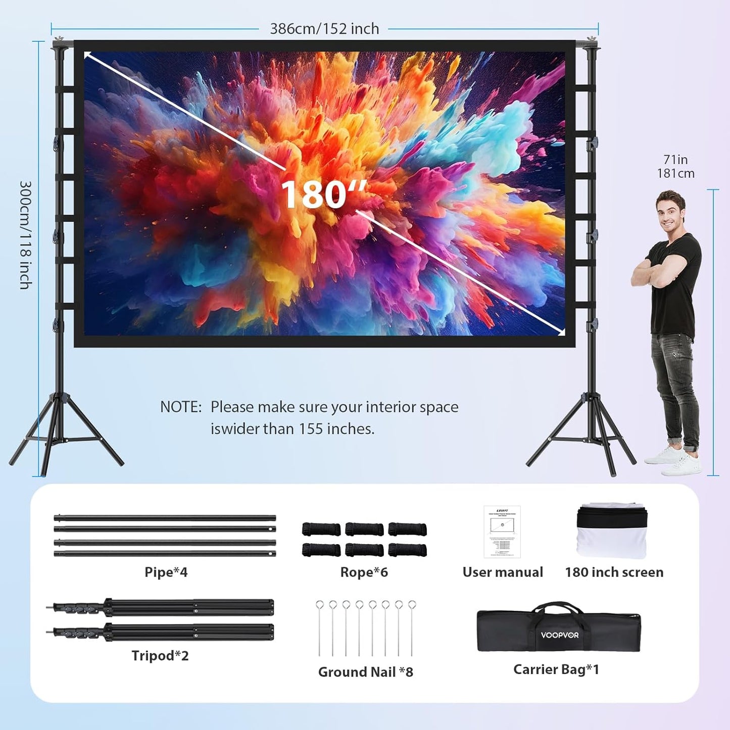 180 Inch Outdoor Projector Screen with Stand: VOOPVOR Portable Projection Screen and Stand, Indoor Rear Front Movie Screen 16:9 4K HD, with Carry Bag, Height Adjustable for Home Theater RVs Camping