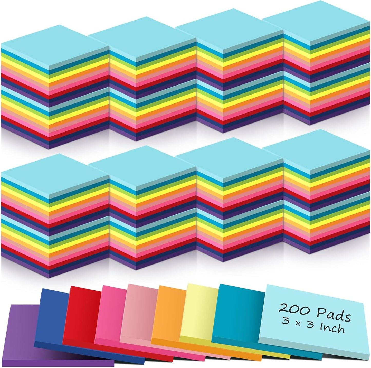 Zubebe 200 Pads Sticky Notes Bulk, Bright Colors Notepads Self Stick Note Square Memo Post Sticky for Office School, 45 Sheets/pad(3 × 3 Inch)
