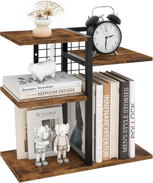 ELITEROO Desktop Shelf Organizer, 4-Tier Wooden Desk Bookshelf, Small Tabletop Book Shelf, Adjustable Display Rack for Home, Office, Dorm, Rustic Brown