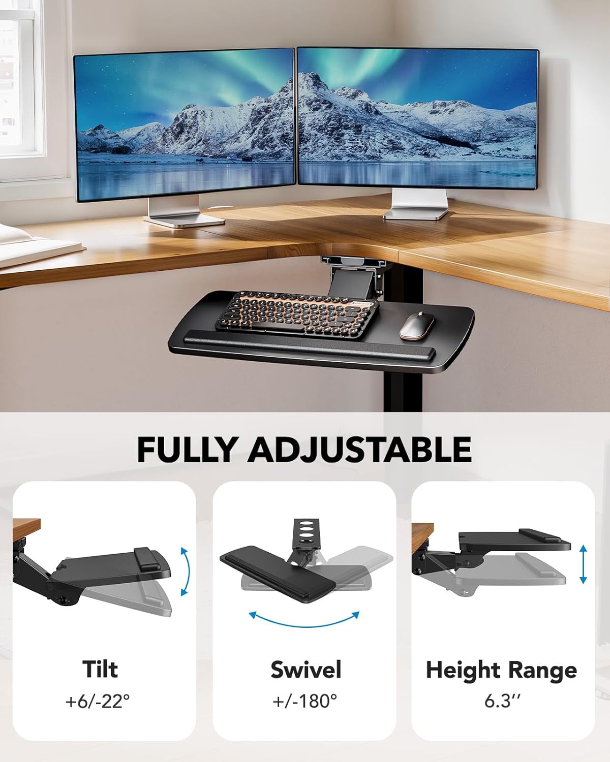HUANUO Keyboard Tray Under Desk, 360 Adjustable Under Desk Keyboard Tray Slide Out, Ergonomic Pull Out Keyboard Tray Under Desk, 25"W x 9.84"D