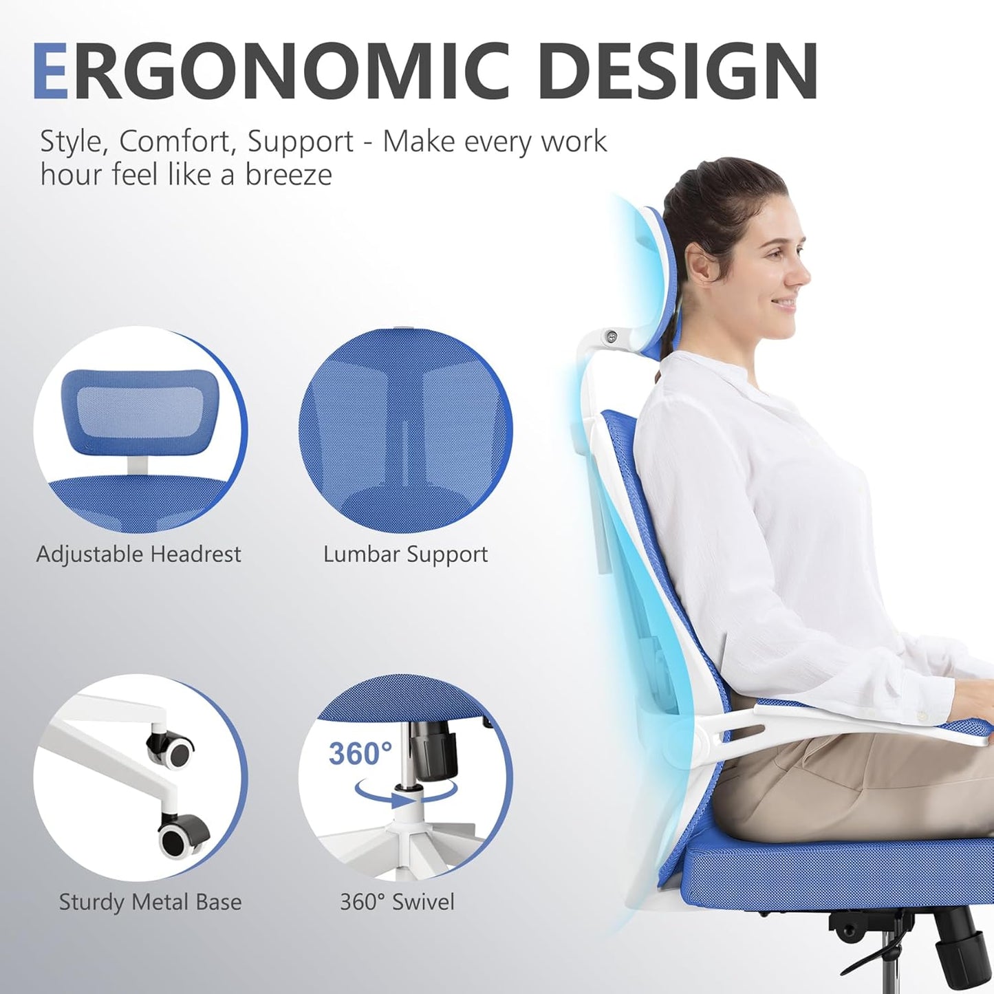Office Chair,Ergonomic Comfy Home Desk Chair with 350LBS Capacity,High Back Gaming Chair with Wheels,Mesh Computer Chair,Lumbar Support, Adjustable Headrest,Flip-up Armrest