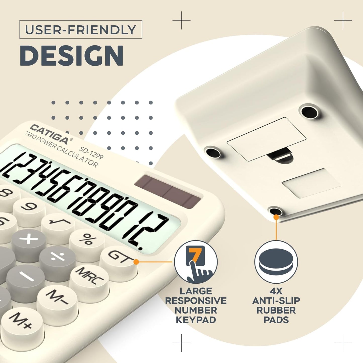 CATIGA Mechanical Switch Calculator with Solar and Battery Dual Power, 12-Digit Large LCD Display, Aesthetic and Cute Desktop Calculator with Big Button, for Home, School and Office Use, SD-1299