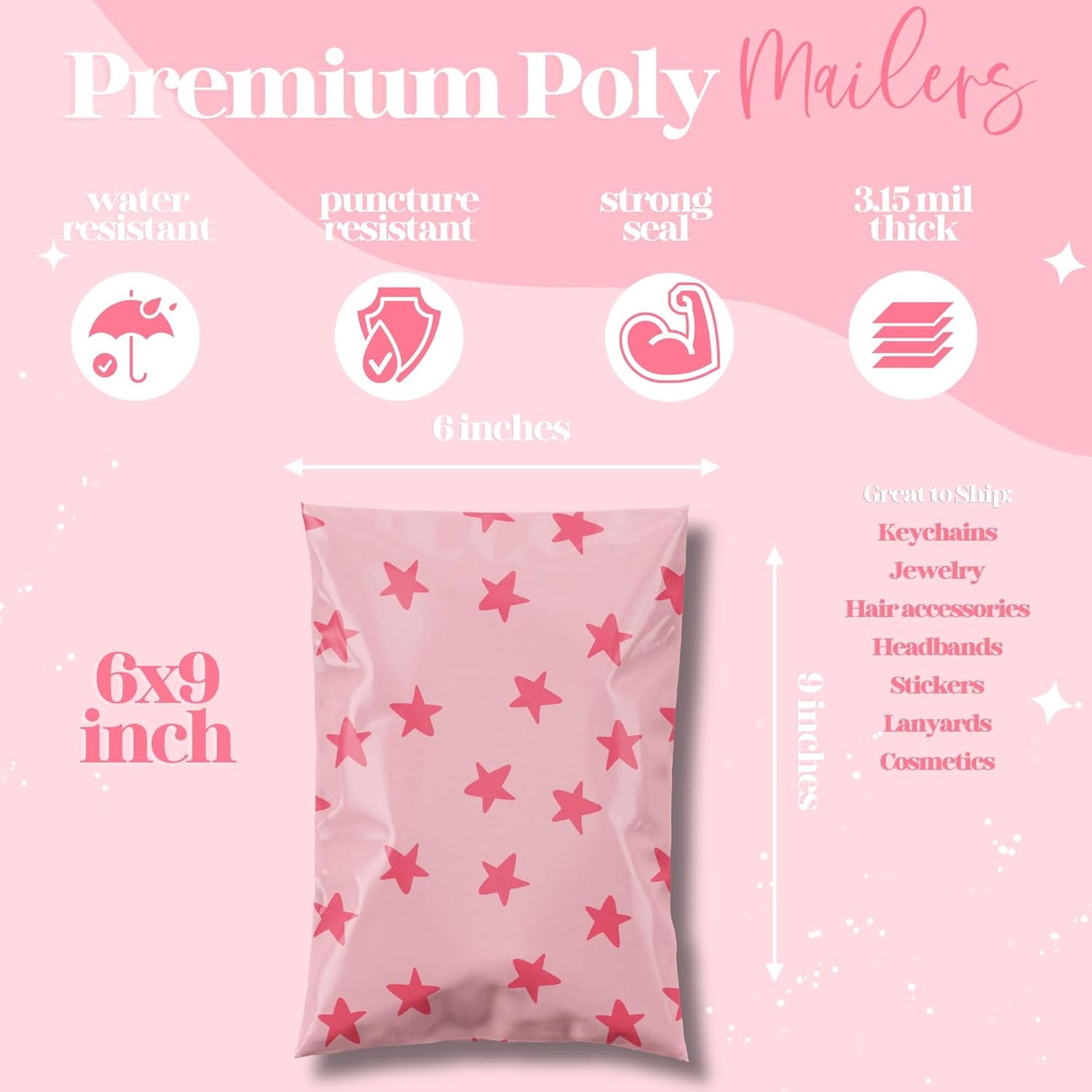 6x9 Designer Poly Mailer 100 Pack Heavy Duty Waterproof Self Seal Shipping Bags for Small Business Large Mailing Envelopes Bulk Tear Resistant Cute Packaging Seeing Stars Pink