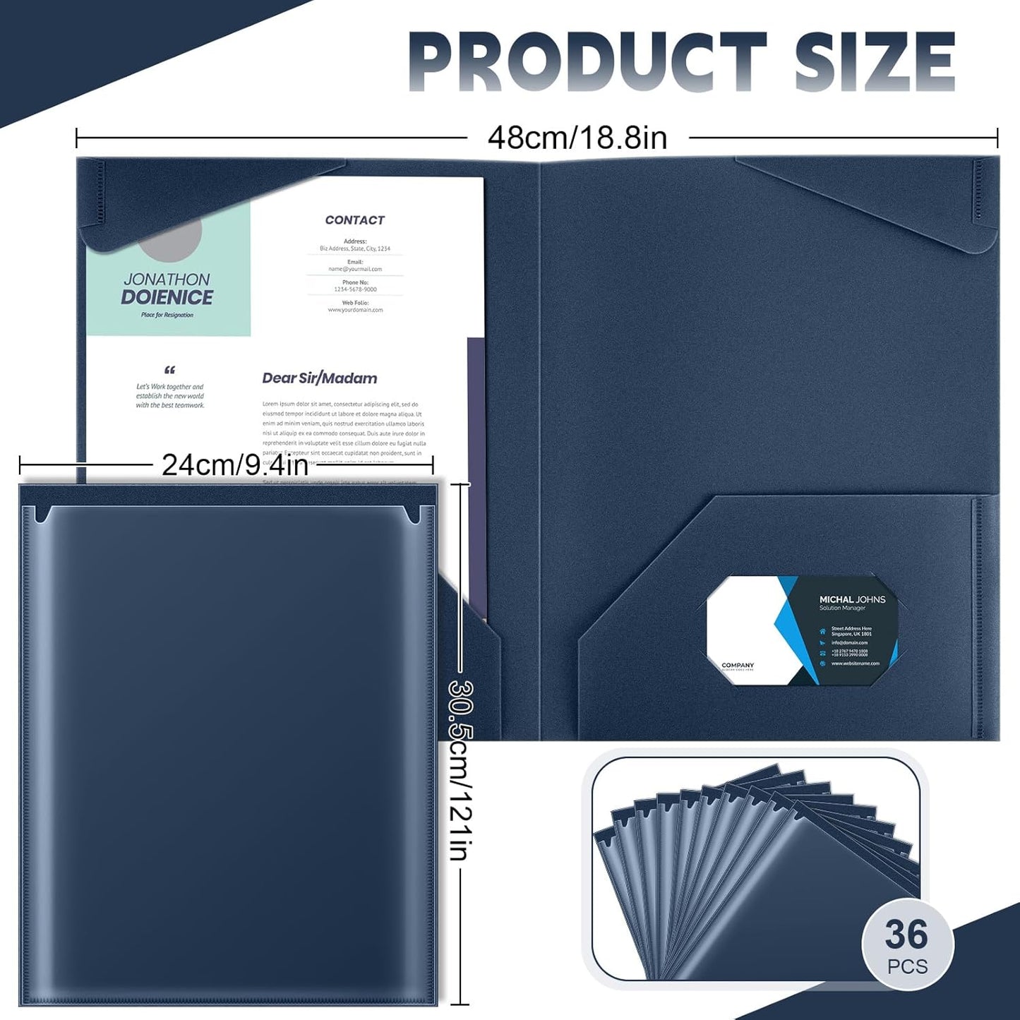 Henoyso 36 Pcs Plastic Folders with Clear Front Pockets Heavy Duty File Folders with 2 Pockets and Card Slot for Student Communication School Office Presentation Report (Navy Blue)