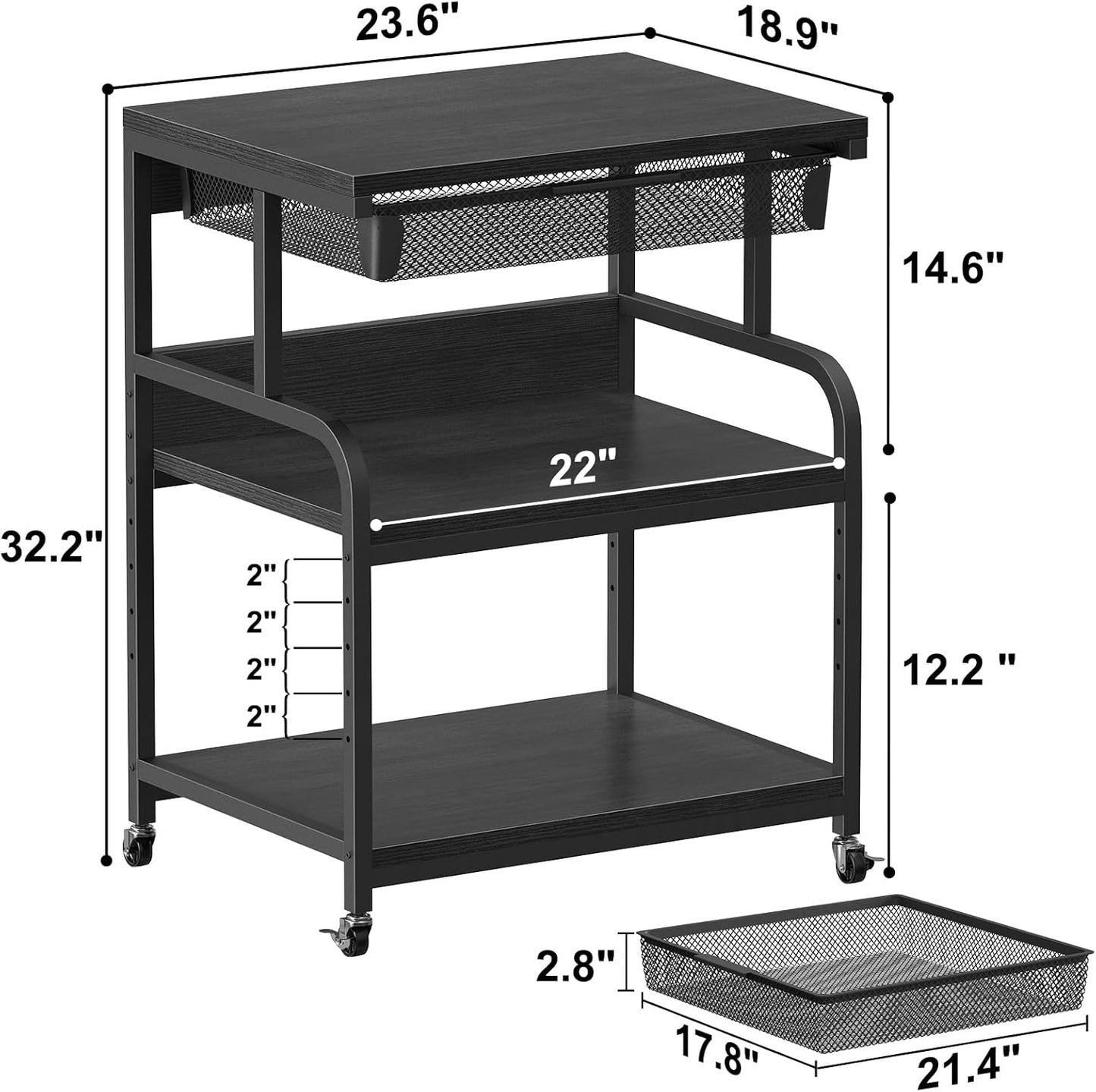 EasyCom 23.6''x18.9'' Extra Large Printer Stand with Drawer, 5-Adjustable Heights 3 Tier Table with Wheels, Rolling Printer Cart with Storage for Printer Scanner Fax Home Office Use