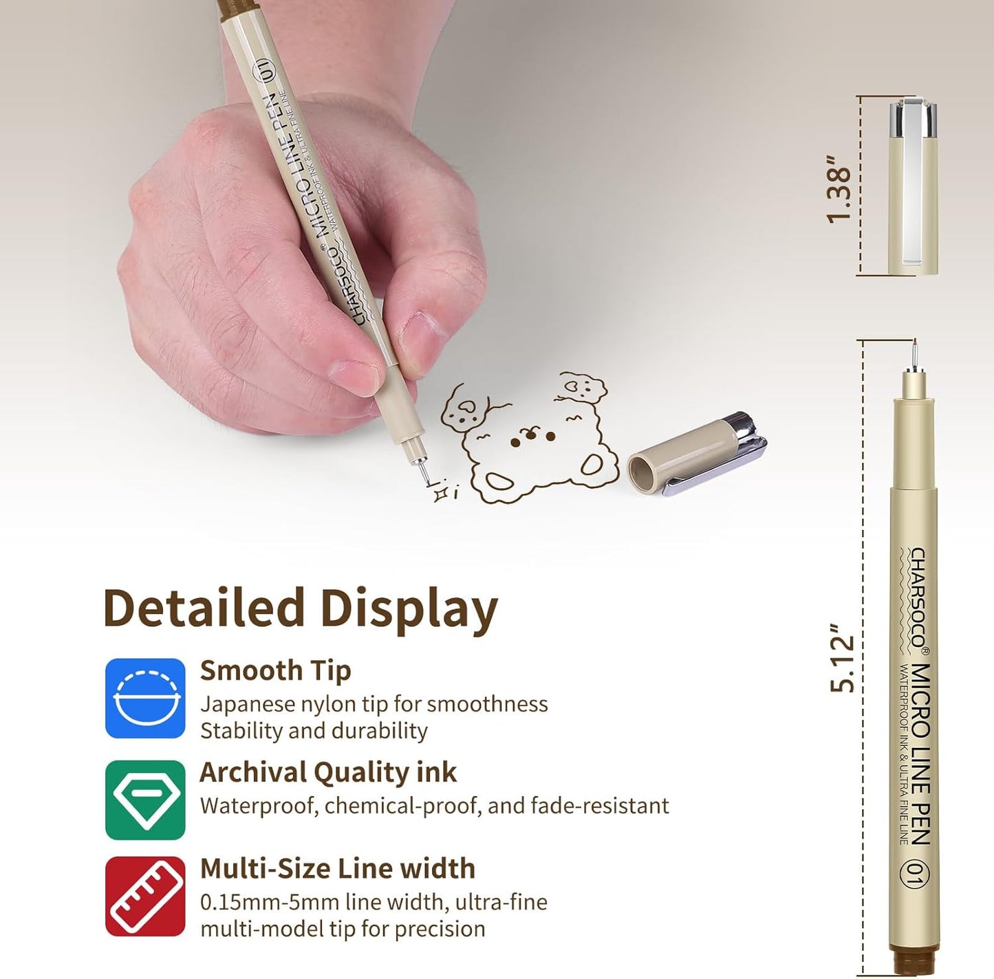 01 Micro Pen, 6 Pack Brown Fine Point Pen with Waterproof Archival Ink, 0.25mm Fineliner Ink Pens for Artist Illustration, Sketching, Anime, Manga, Technical Drawing and Scrapbooking