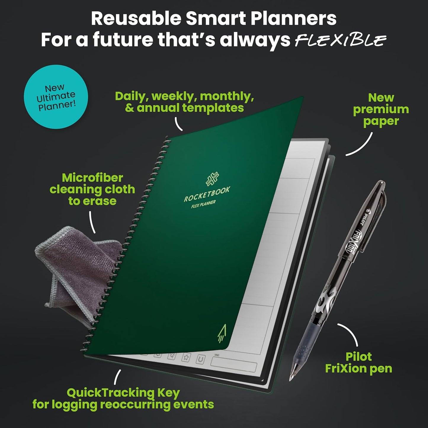 Rocketbook Flex Planner, Reusable Undated Smart, Letter Size 8.5x11 in Green – Daily, Weekly, Monthly, Annual Calendar, Tasks, Goals, Scheduling, Productivity, App Connected, Erasable, Durable Cover