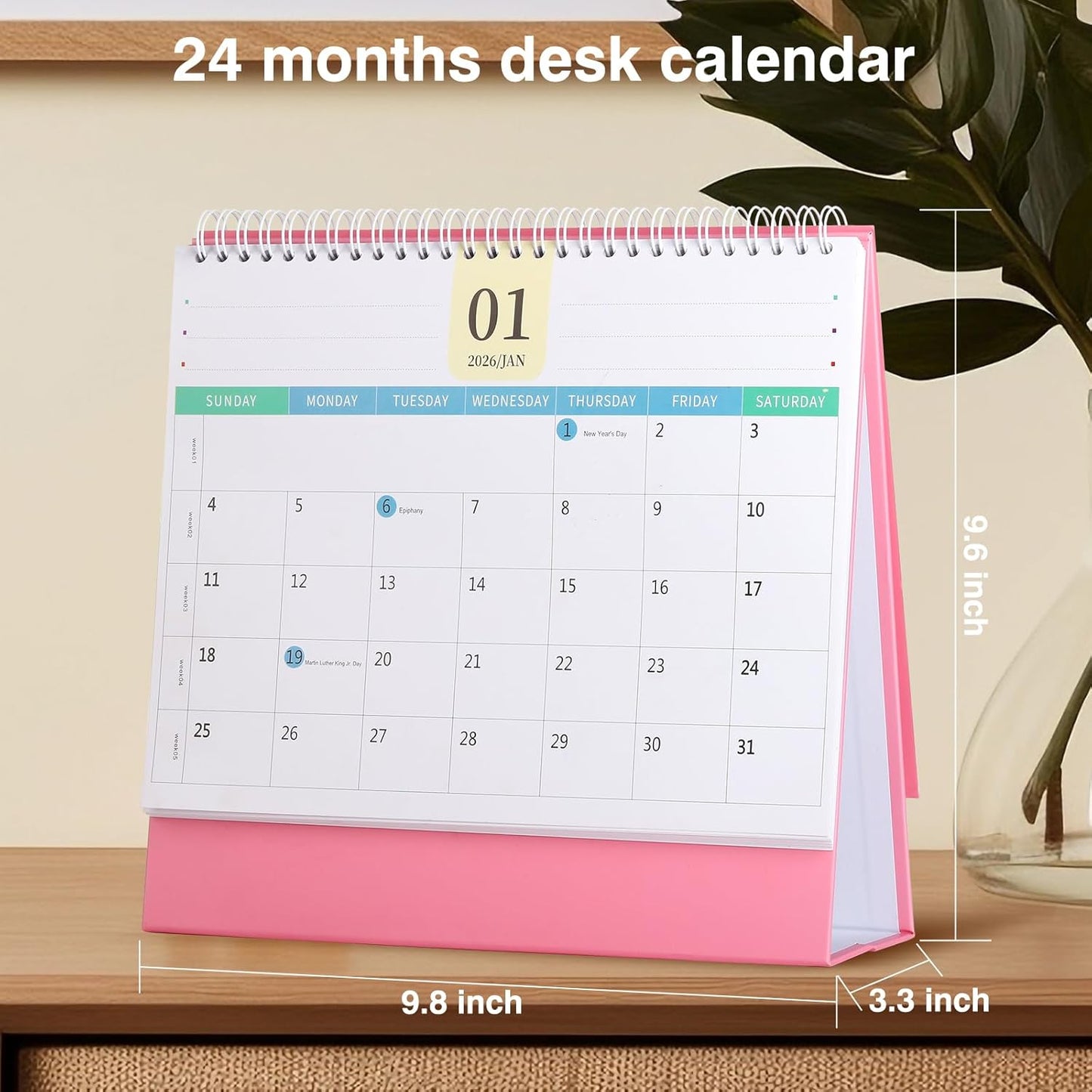Desk Calendar 2026-2027, 2 Years Calendar Runs from Jan. 2026 until Dec 2027, Table Monthly Planner with Stickers for Home,Office,School Organization(L-Pink+Black,9.8" x 9.6")