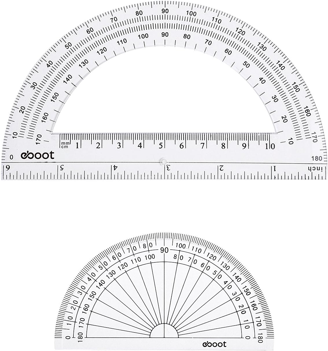 EBOOT 2 Pcs Plastic Protractor Clear 180 Degrees Transparent Protractor for Geometry, 4 Inch and 6 Inch