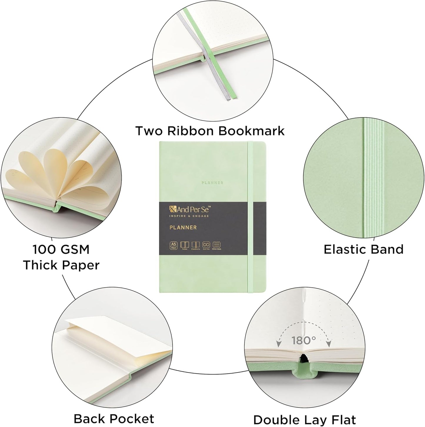And Per Se Undated Academic Planner, A5 Weekly Calendar Planner, 72 Weeks Hardcover to Track Goals, Teacher Student Planning Book with Monthly Tab Stickers & Back Pocket (Light Green)