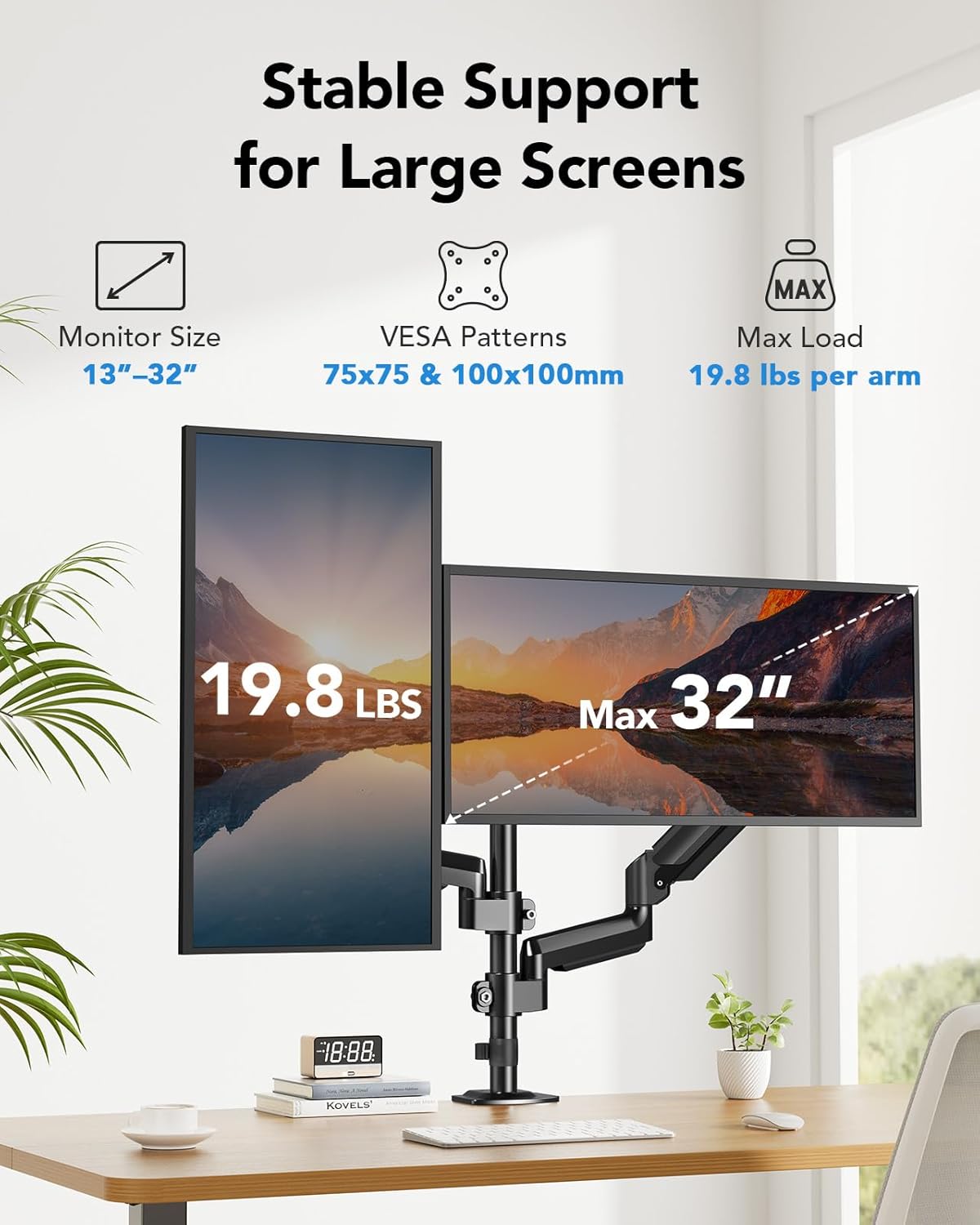 HUANUO Dual Monitor Mount up to 32 inches Screens, Taller Monitor Stand Hold 19.8lbs, Dual Monitor Arm Desk Mount Easy Adjustable with Tilt, Swivel, Rotation, VESA 75/100mm