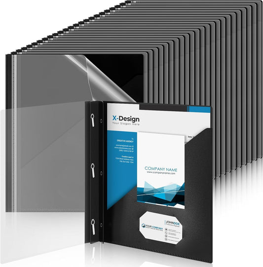 Teling 48 Pack Clear Front Report Covers with 3 Prongs Fasteners, 11.42 x 9.45 Inch Plastic Presentation Folders Bulk, 90 Sheet Capacity, Book File Covers for Office School Business, Black