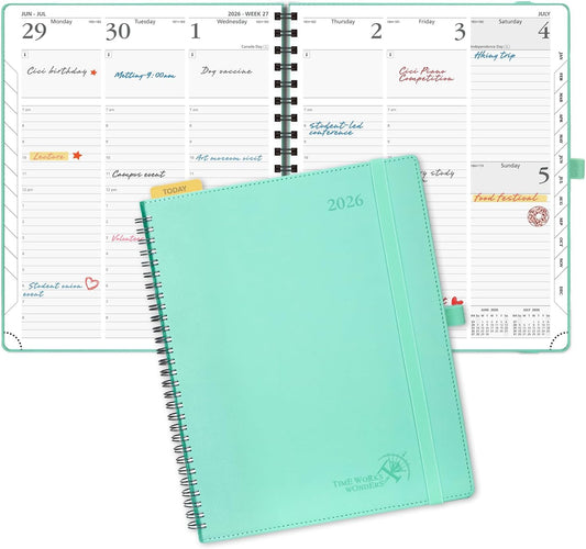 POPRUN 2026 Planner (Large - 8.5" x 10.5") with Hourly Schedule, Vertical Layout - 2026 Weekly Calendar (Jan. 2026 - Dec.2026) for Time Management, Monthly Tabs, Spiral Bound, Soft Cover - Green