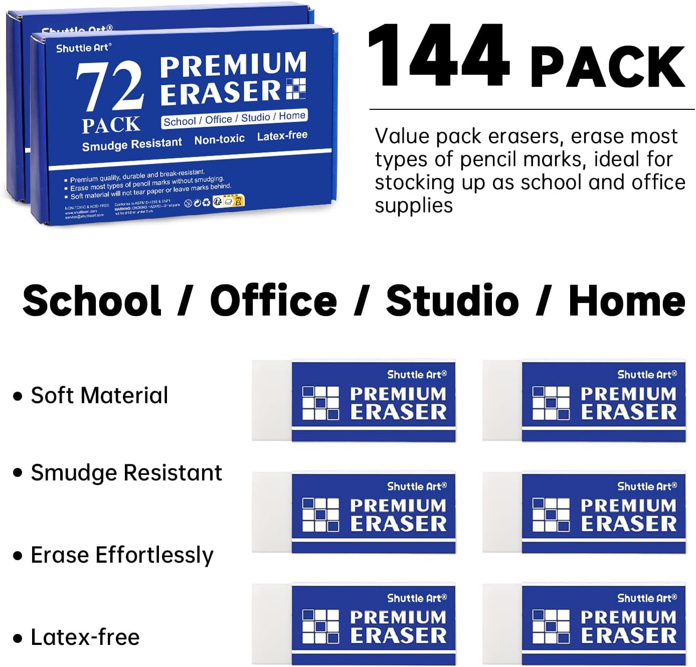 Erasers, Shuttle Art 144 Pack Premium Eraser Bulk, White Erasers Classroom Set for Kids Teachers as School and Office Supplies