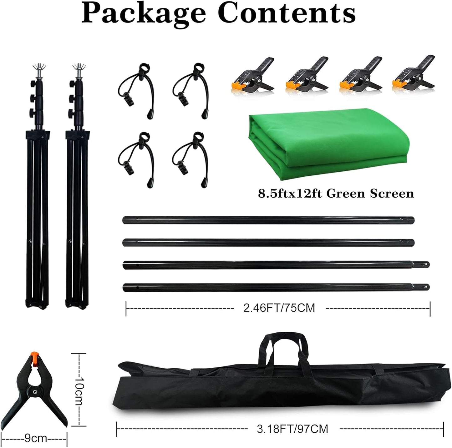 2 in 1 Green Backdrop Stand Kit, 10x8.5 ft Portable Dual Rod Stand kit with 8.5x12ft Green Backdrop-Premium Polyester for Video Streaming, Portrait Photoshoot,Wall Mounted, Parties