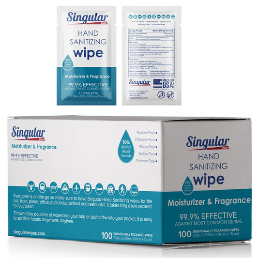 Hand Sanitizing Wipes Travel Size by Singular Wipes – 100ct Individually Wrapped | Fresh Citrus Scent, Moisturizing, 70% Alcohol Wipes | Travel, Office, School, Home | Made in USA