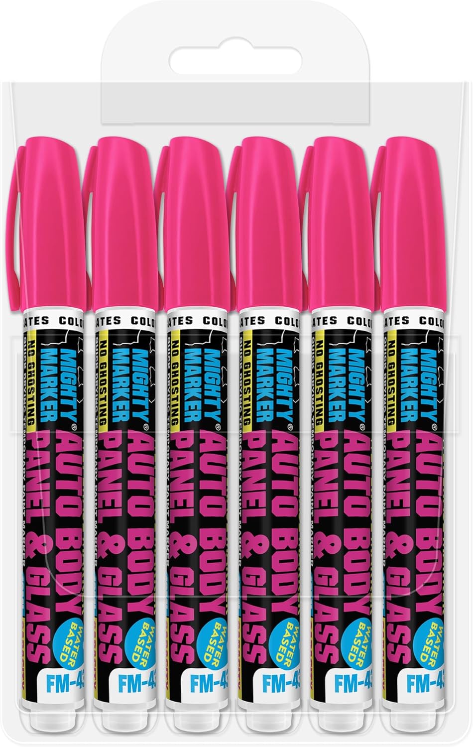 FM-43 Auto Body and Glass Paint Marker, No-Ghost, Highly Water-Resistant, 2.3mm Bullet Tip, Valve Action, 6 Bonus Reversible Tips, Made in USA - Pink 6 Pack