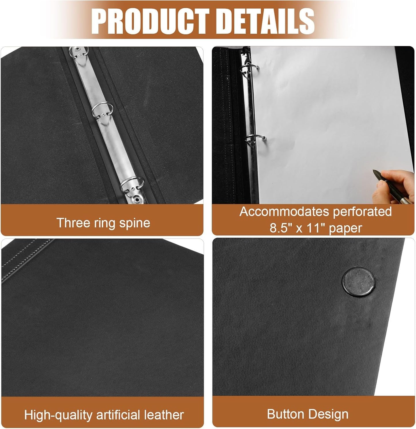 Leather 3 Ring Binder Holds 8.5 x 11 Inch Paper Binder Organizer Vintage Faux Leather Portfolio Folder Planner for Office Home Document Photo Diary Supplies(Black)