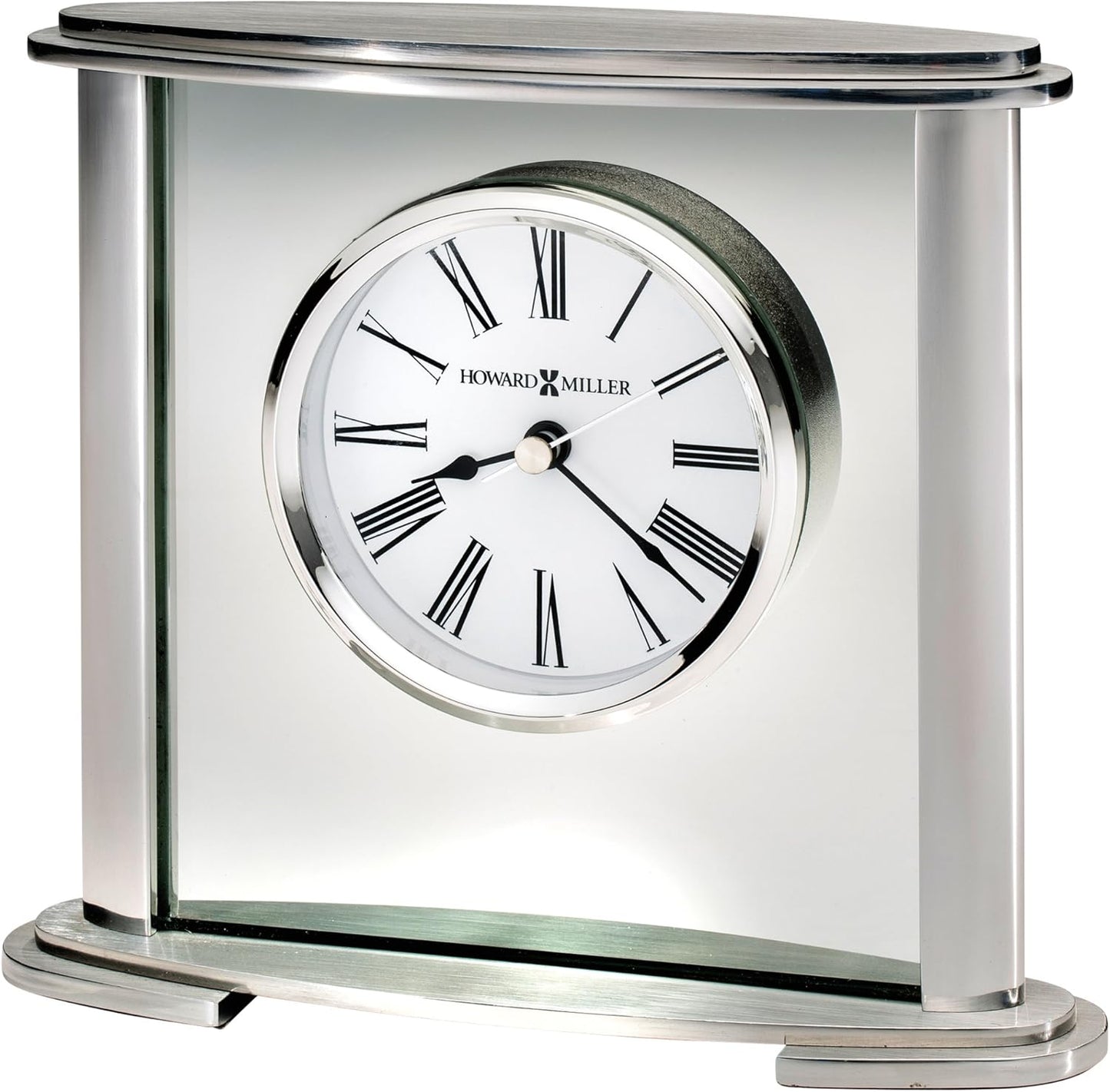 Howard Miller Glenmont Tabletop Alarm Clock – Metal Oval Glass Center, Brushed Silver Finish & Quiet Ticking Roman Numerals, Battery Operated Modern Desk Clock for Home or Office Décor