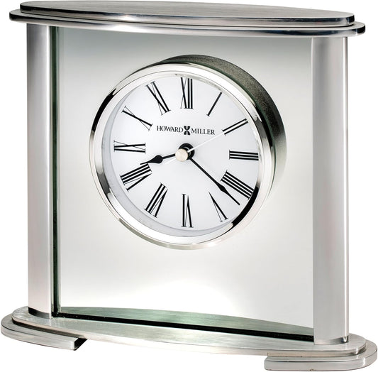 Howard Miller Glenmont Tabletop Alarm Clock – Metal Oval Glass Center, Brushed Silver Finish & Quiet Ticking Roman Numerals, Battery Operated Modern Desk Clock for Home or Office Décor