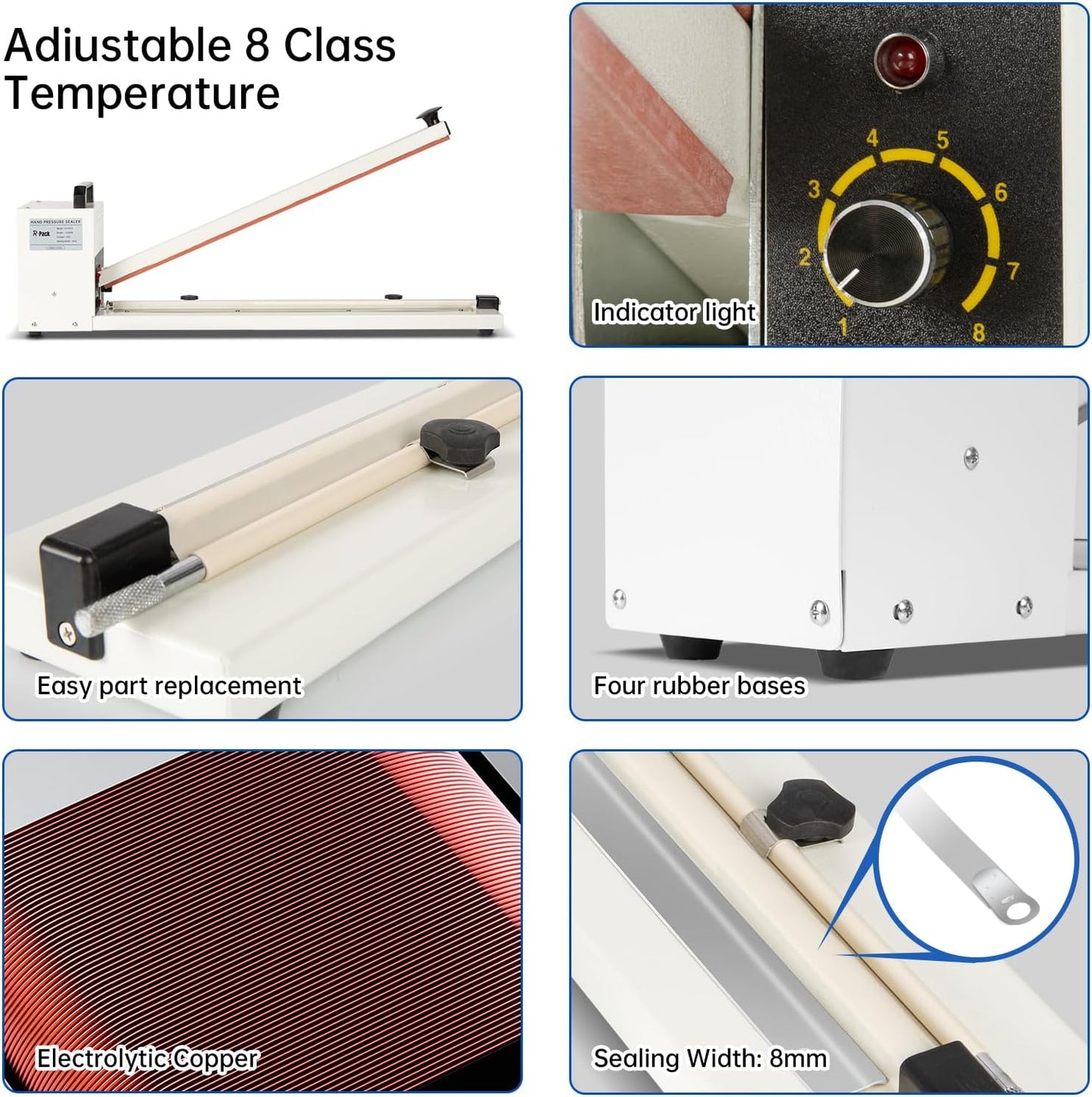 Impulse Heat Sealer with Seal bar, Heavy-Duty Bag Sealing & Cutting Machine, 8mm Sealing Width, 1 Extra Replacement (white, 24 inch)