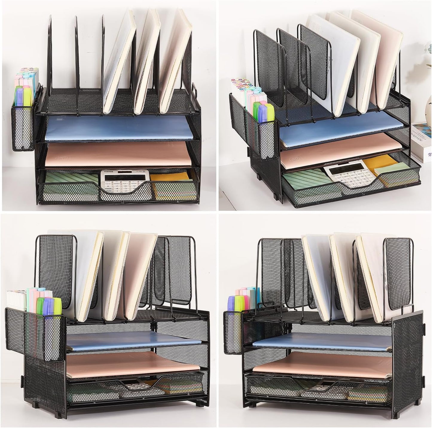 Desk Organizers and Accessories, 3-Tier Paper Organizer with 5 Vertical File Holders, File Organizer for Desk (Black With Drawer, 3T With Drawer)