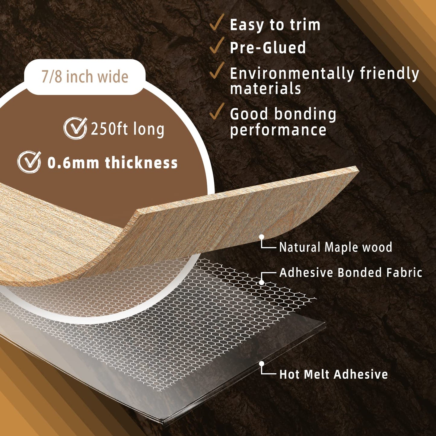 GSCIT Club Maple Edge Banding, 7/8 inch x 250ft roll of Veneer Plywood Edge Banding Preglued Flexible, Wood Tape Banding for Cabinet Repair