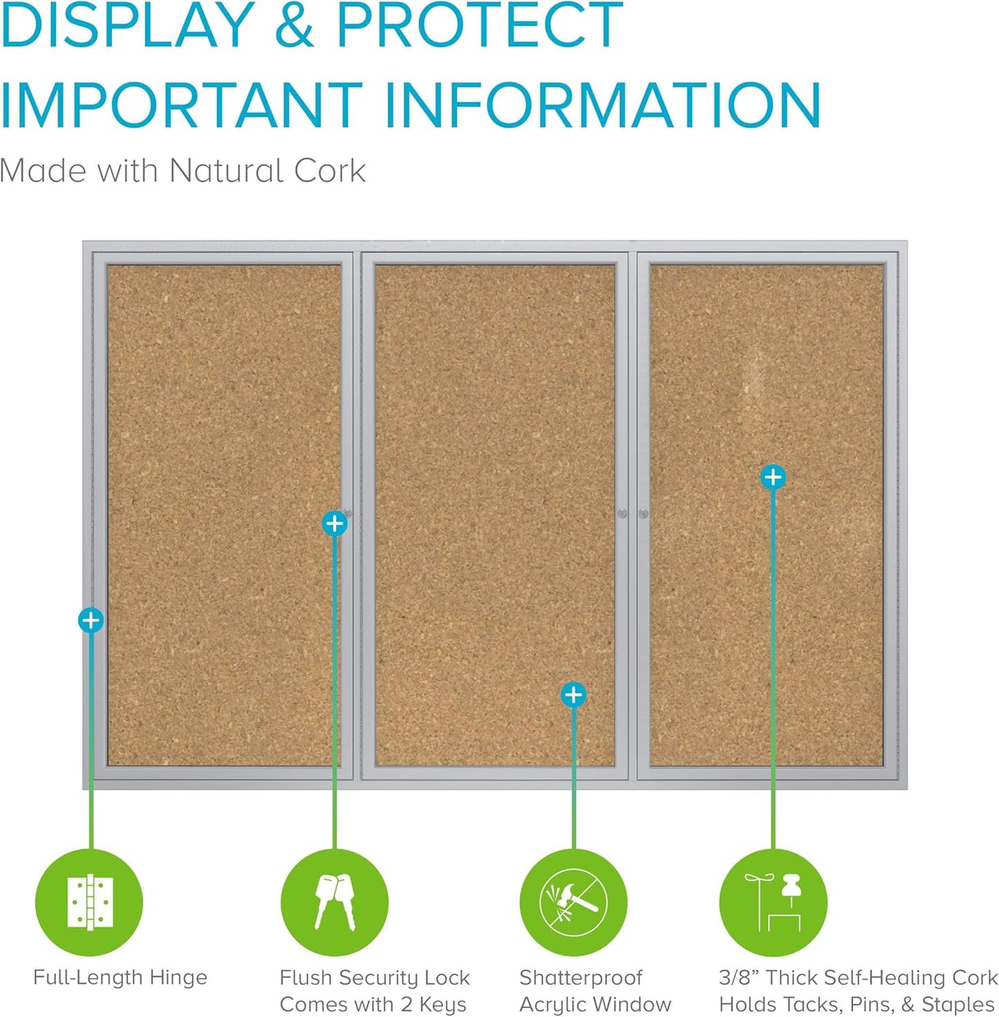 Ghent 36" x 72" 3-Door Indoor Enclosed Bulletin Board with Lock, Cork Material, Shatter Resistant Acrylic Panels, Made in the USA, Satin Aluminum Frame
