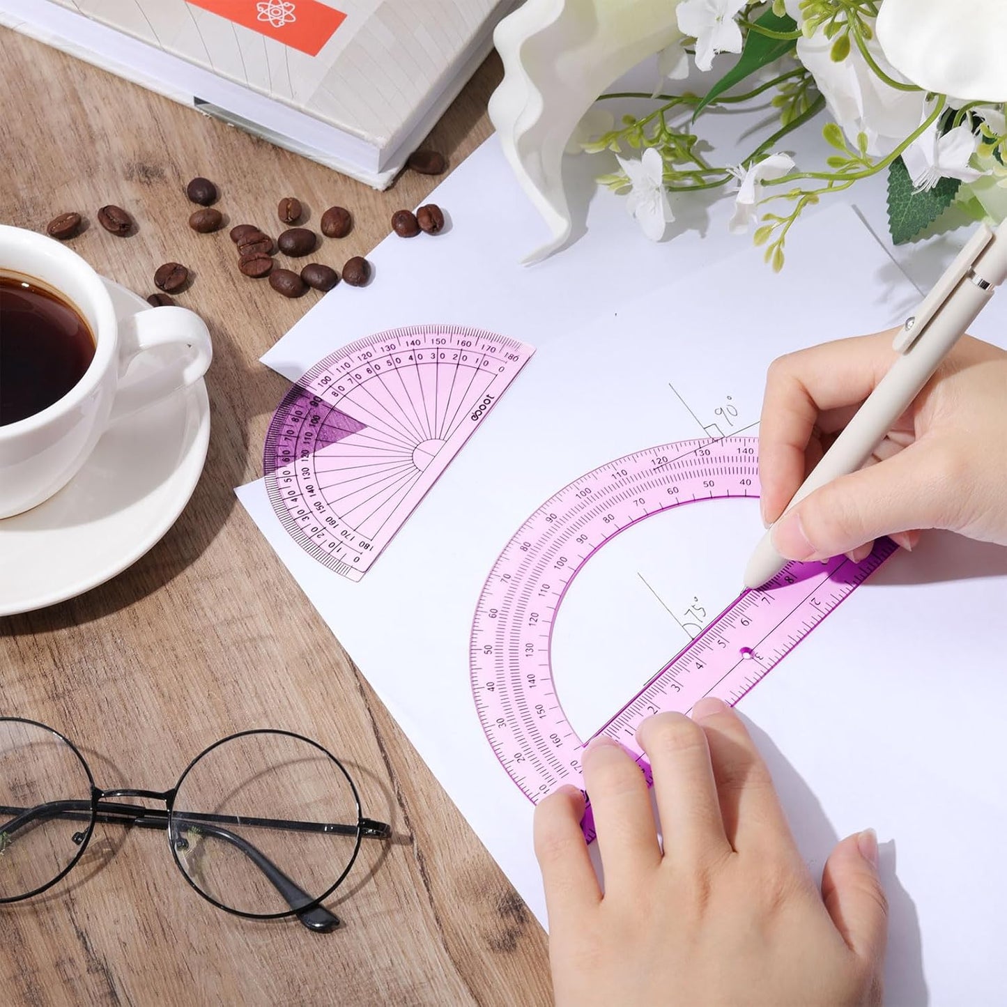 EBOOT 2 Pcs Plastic Protractor Clear 180 Degrees Transparent Protractor for Geometry, 4 Inch and 6 Inch(Pink)