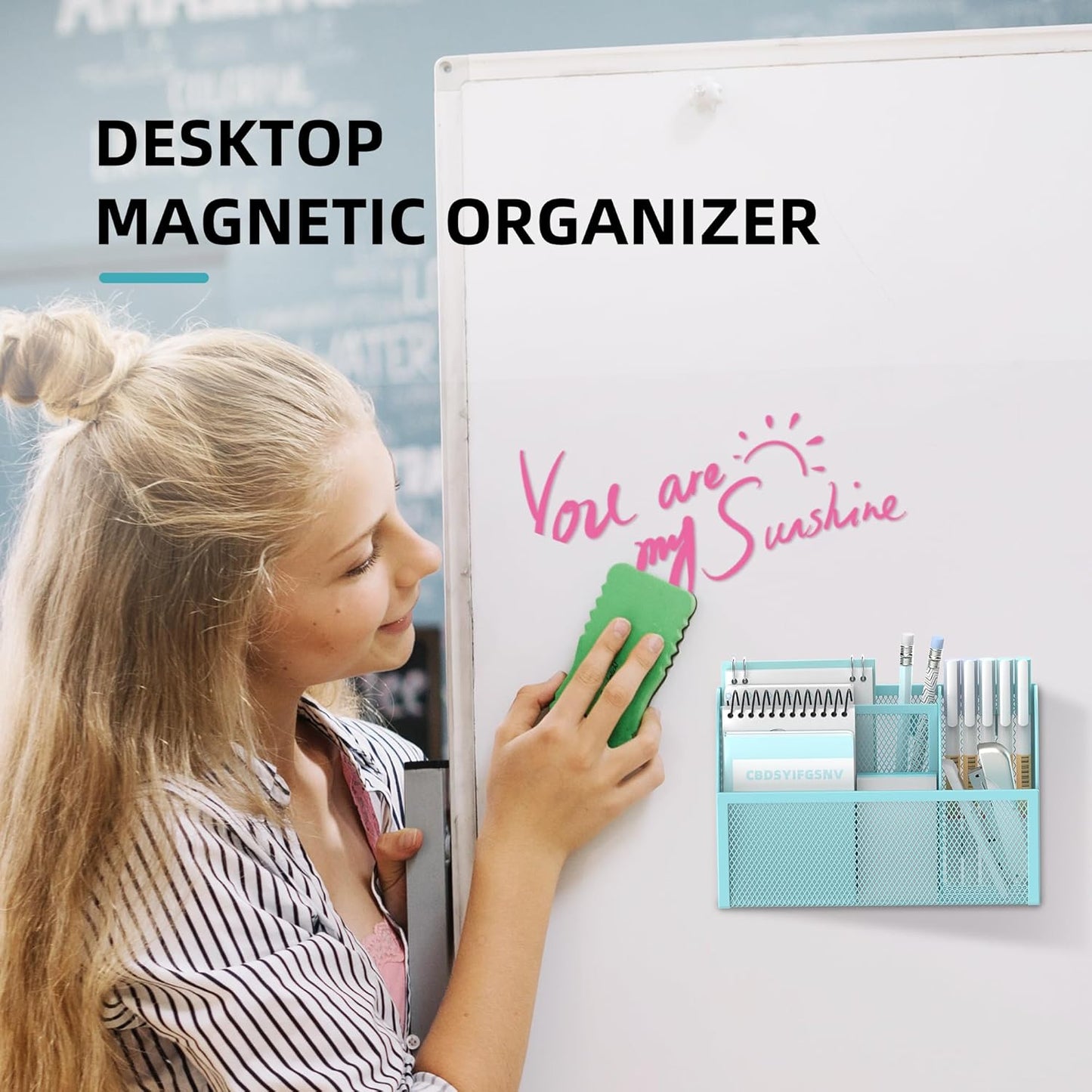 DALTACK Magnetic Pencil Holder - 3-Grid Mesh Shelf for Whiteboard, Refrigerator & Locker - Organizer for Home, School & Office, Blue