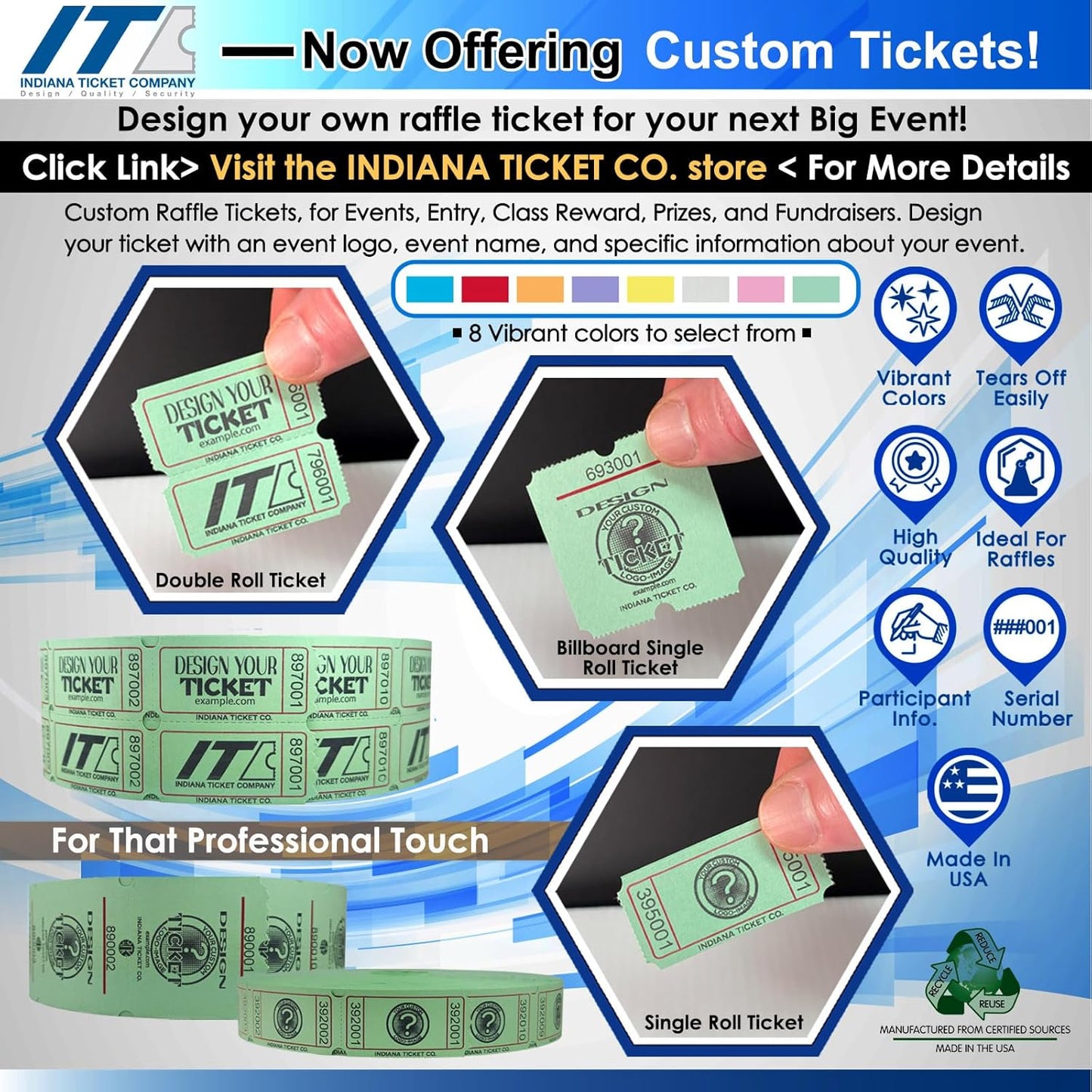 INDIANA TICKET CO. 1,000 Yellow Raffle Tickets Double Roll, Premium Quality 50/50 Raffle Tickets, Tickets for Events, Carnivals, Door Prizes, Drinks and More