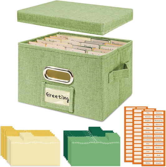 Vienrose Greeting Card Organizer 1 Pack, Storage Box with 20 Adjustable Dividers, Foldable Organizer Box Holds over 150 Cards, Storage Stickers Recipes Photos Envelopes Bills Vinyl Records, GrassGreen