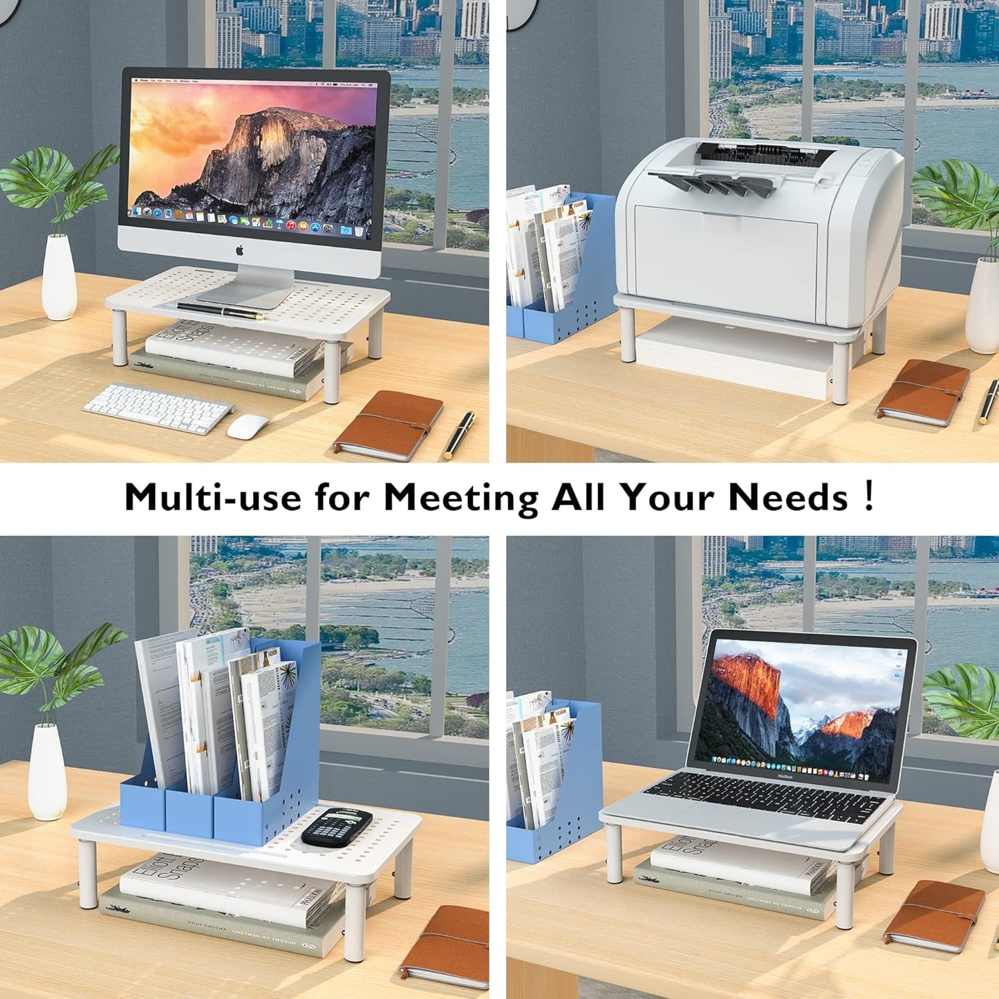 BONTEC 2 Pack 3 Height Adjustable Monitor Stand Riser with Pen Holder, Ergonomic Metal Laptop Stand with Cable Management, Desktop Stand for Computer, Printer, Monitor, Laptop, Black Steel, 14.5 in