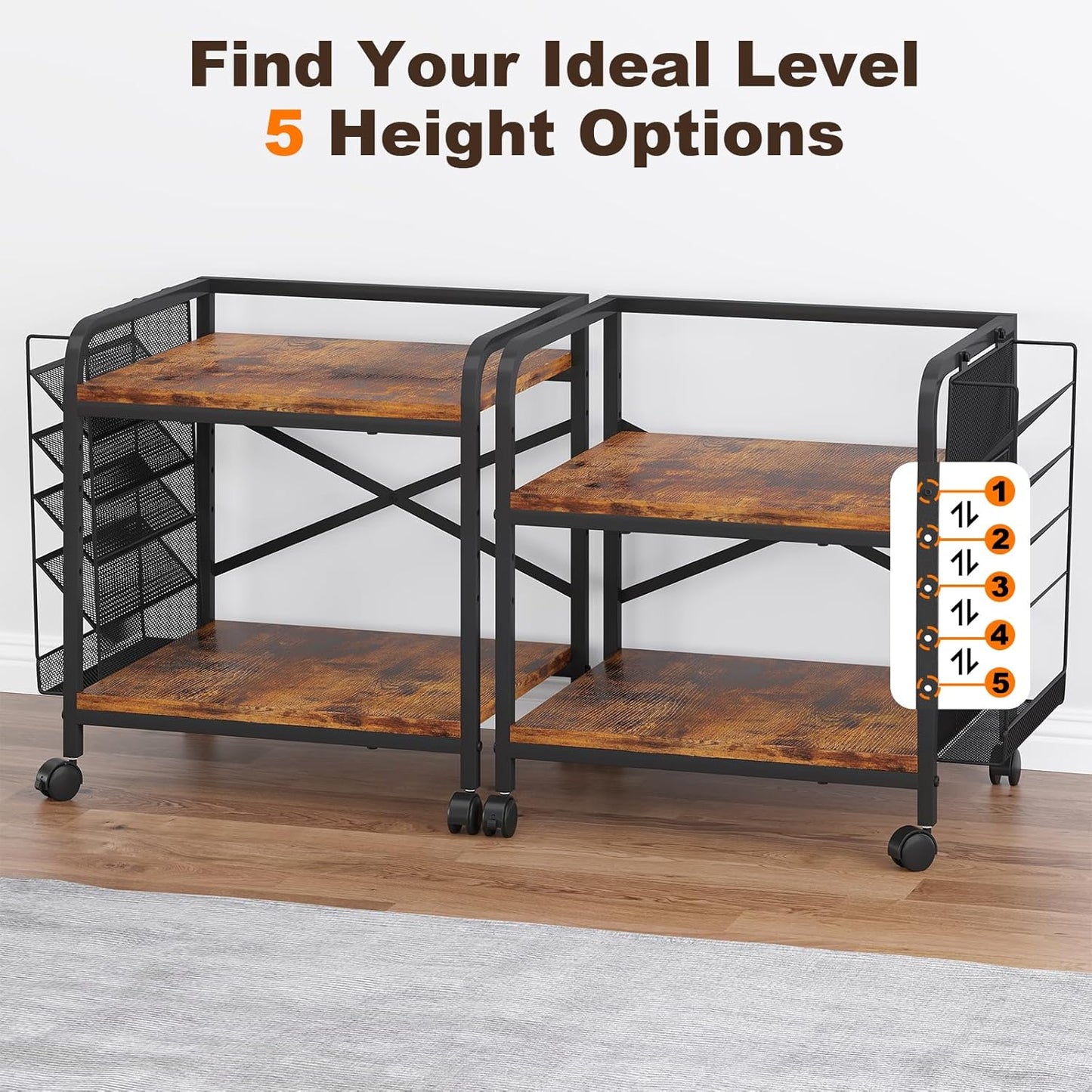 EasyCom Large Printer Stand with File Holder Organizer, Adjustable Height Shelf with Wheels, Rolling Printer Cart with Storage for Printer Scanner Fax Home Office Use Rustic Brown