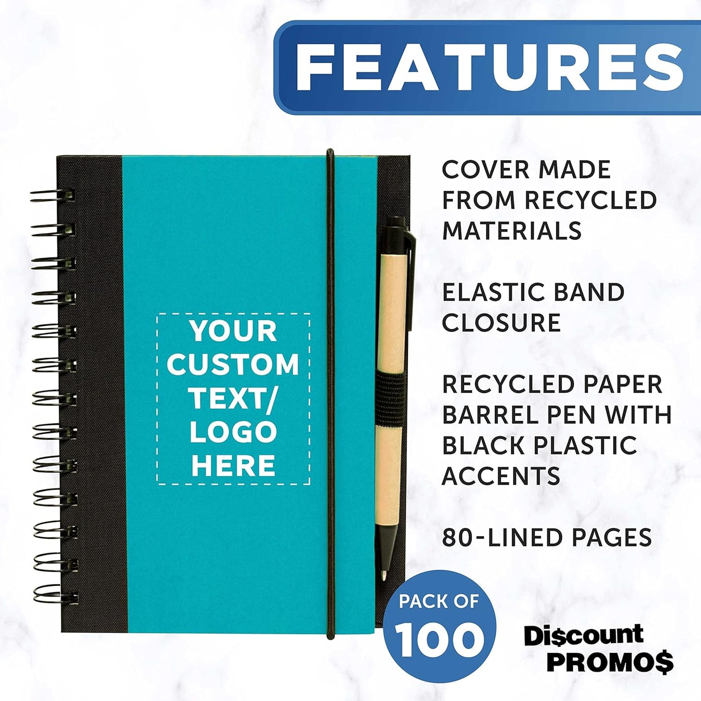 DISCOUNT PROMOS Custom Eco Block Notebooks with Pens Set of 100, Personalized Bulk Pack - Perfect for School, Office, Business, Home - Aqua