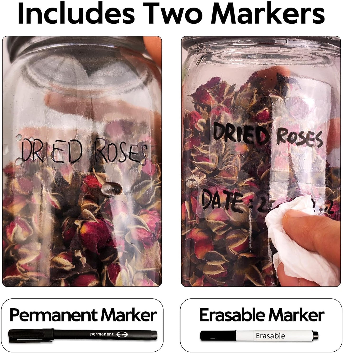 170Pcs Clear Removable Labels for Jars,for Storage Bins,for Food Containers with 2 Liquid Chalk Marker(Transparent)