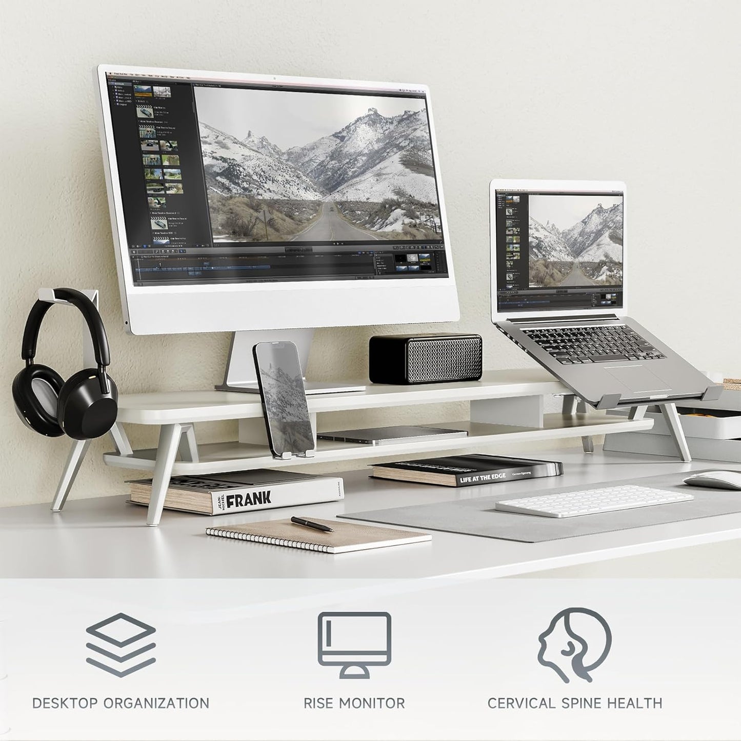 Fenge Dual Monitor Stand, Monitor Riser for 2 Monitors with Adjustable Laptop Riser , 42.5 Inch Desk Shelf for Top of Desk with Phone Holder& Headphone Stand