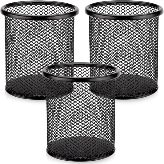 Segarty Pen Holder, 3 Pack Round Black Pen Cup Holder for Desk, Wire Mesh Pencil Containers Set for Office Supplies, School Maker, Home Desktop Accessories Organizer, Makeup Brush