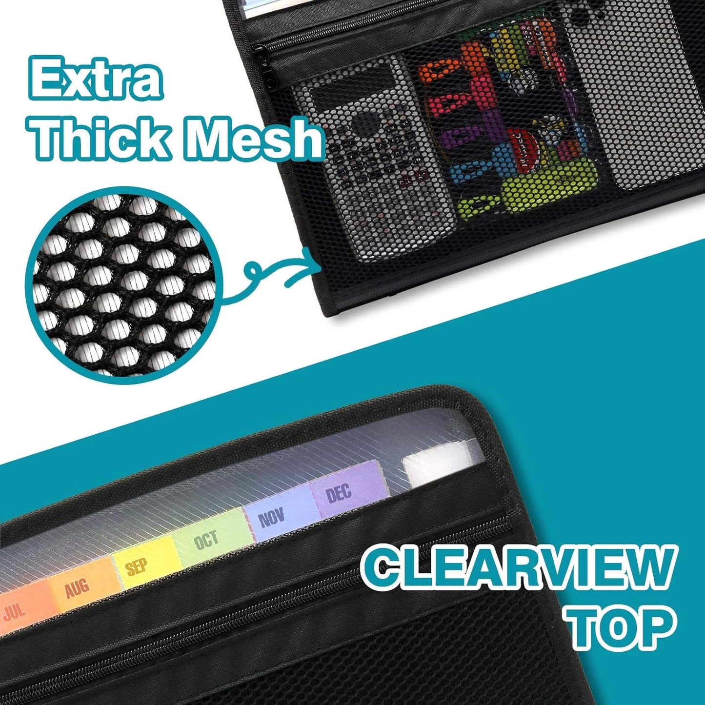 H4D Zippered Accordion File Organizer with Front Mesh Pouch, 13 Pocket Expanding File Folder, Fit for Documents Letter Size A4 Papers, Black