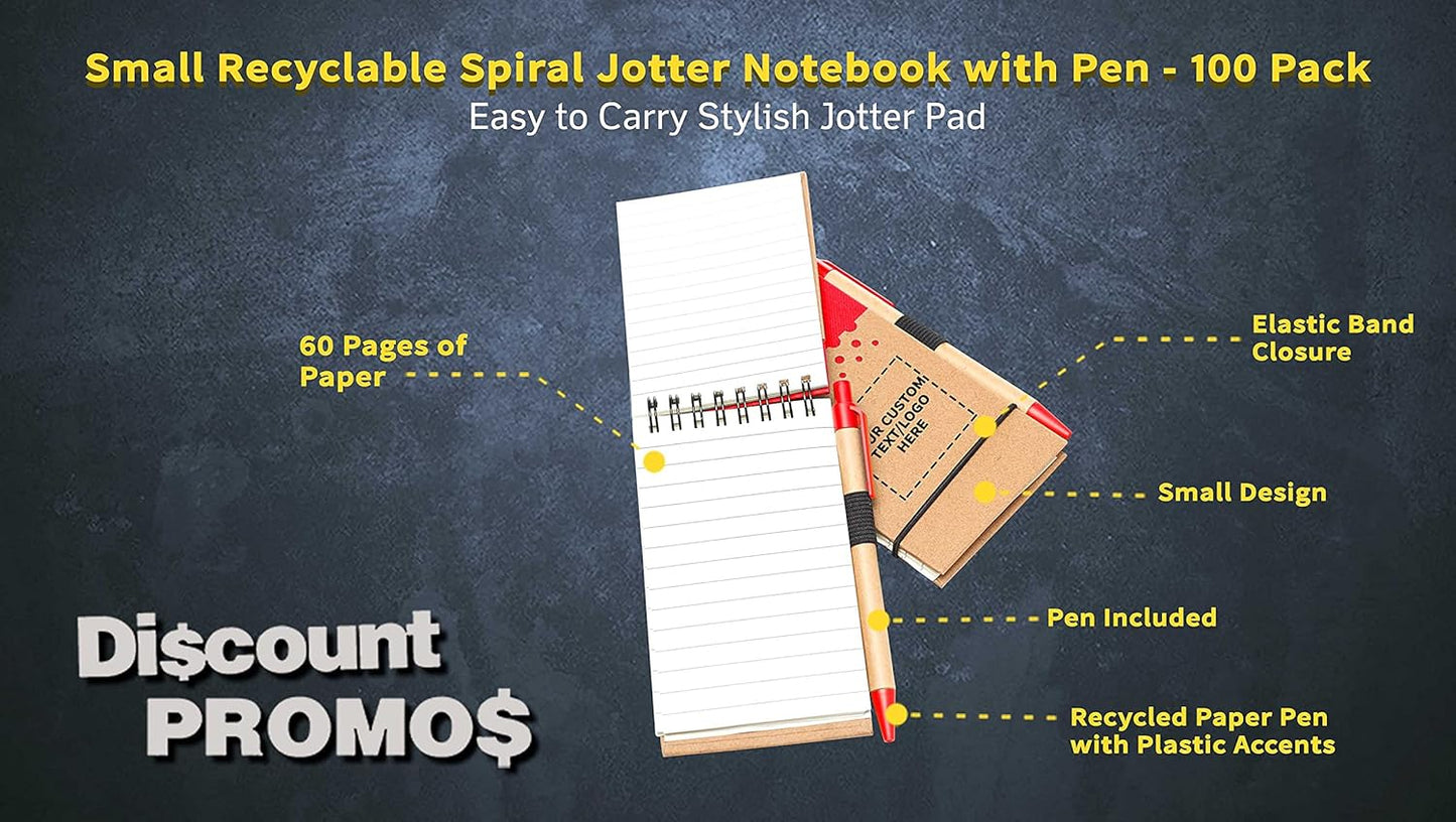 DISCOUNT PROMOS 100 Recyclable Spiral Small Notebooks Pack - Customizable Text, Logo - 60 Lined Pages - Red