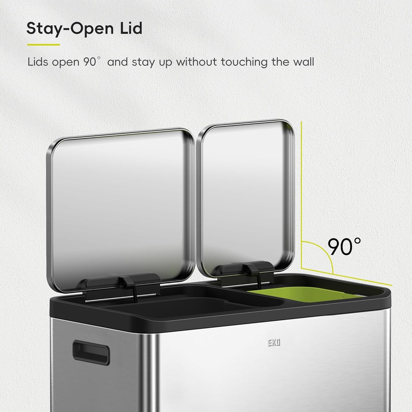 EKO EcoCasa Stainless Steel Dual Step Trash Can for Recycling, 30L+20L Rectangular Kitchen Trash Can, Independent Pedals and Lids, Soft Close and Fingerprint Resistant