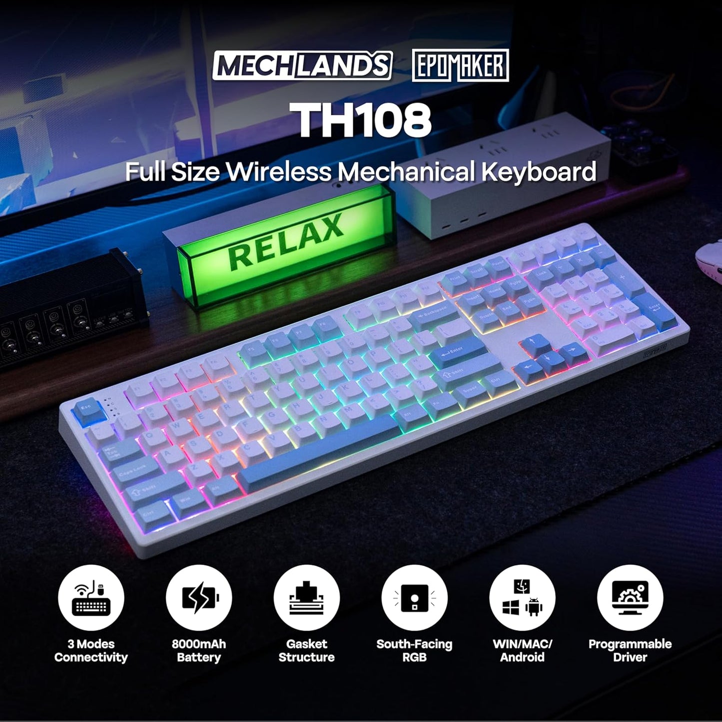 EPOMAKER TH108 Full Size Mechanical Keyboard, Wireless Gaming Keyboard, 8000mAh Battery, Creamy Gasket, 108 Keys, Hot Swap, Custom Driver, RGB Backlights (Blue&White, Creamy Jade Switch)