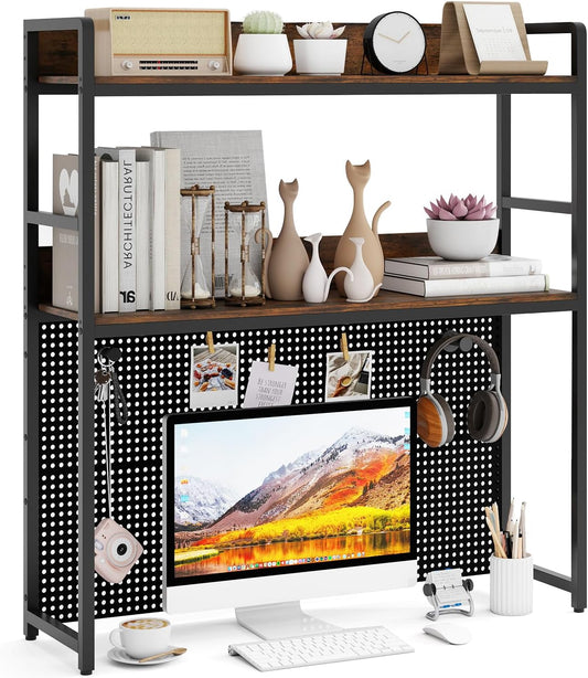 GOFLAME Desktop Bookshelf with Pegboard, 37 Inch Industrial Desk Hutch for Computer Monitor, 2-Tier Countertop Organizer Shelf with Safety Guardrails for Home Office, Dorm, Study, Rustic Brown