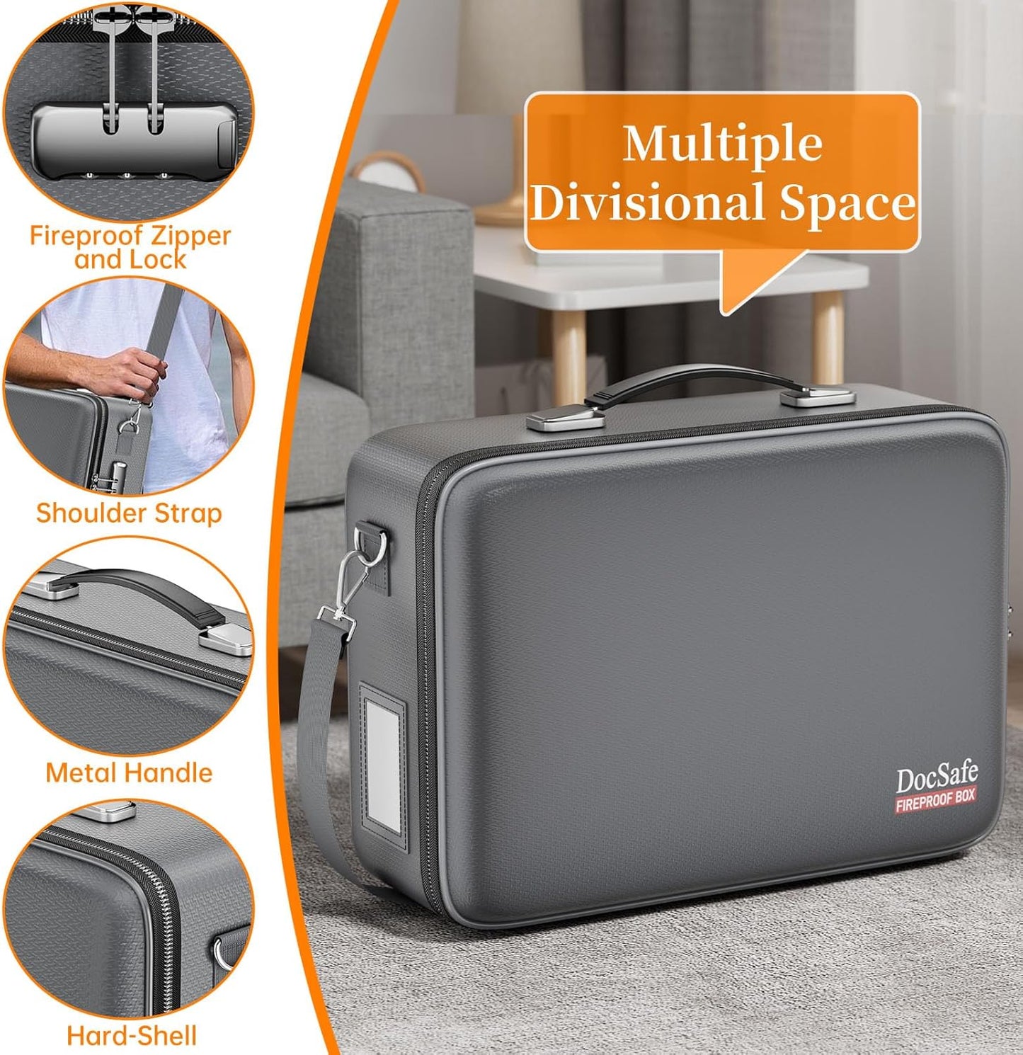 DocSafe Fireproof Document Box with Lock, Hard Case File Organizer with Accordion File Folder, Fireproof Water Resistant Safe Box Home Office Travel Storage for Important Documents Laptop Gray