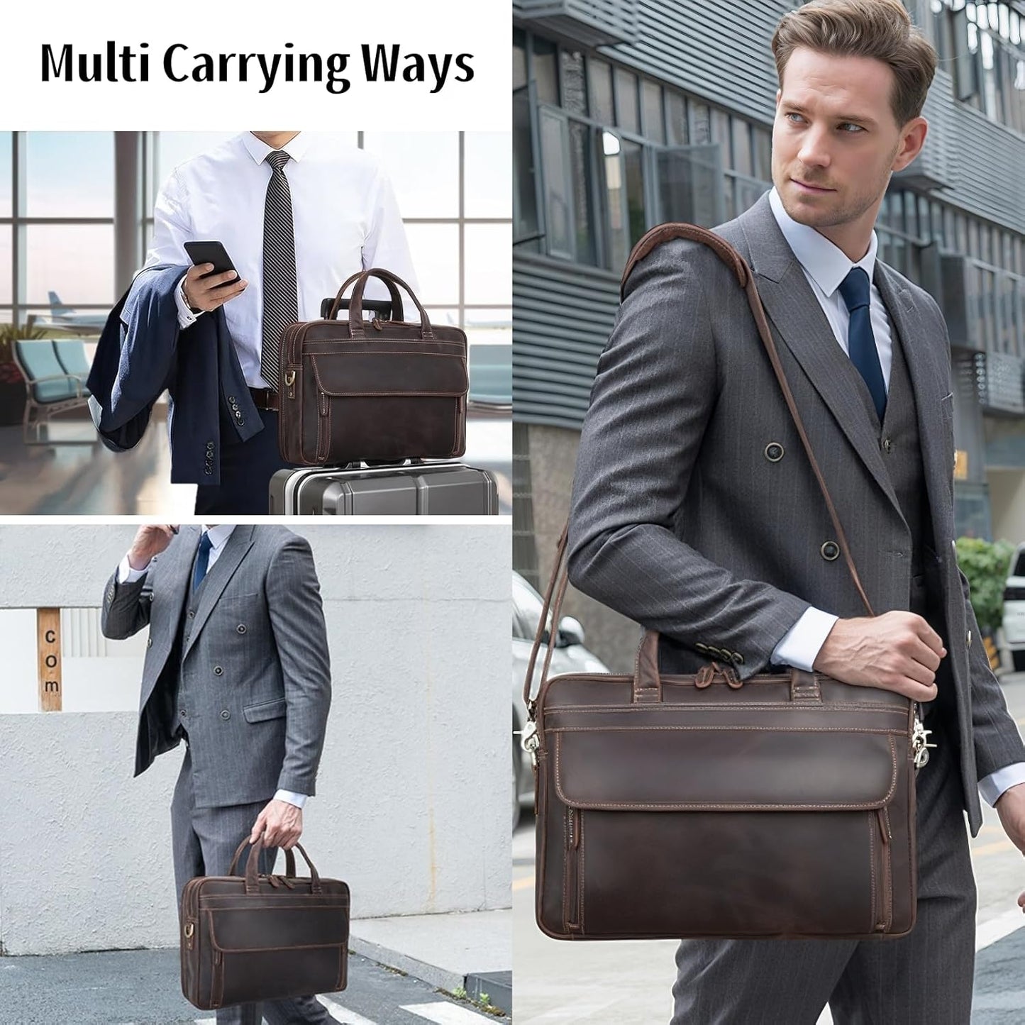 Masa Kawa Leather Briefcase for Men 15.6", 17" Laptop Computer Case Business Travel Work Messenger Cross Body Shoulder Bag