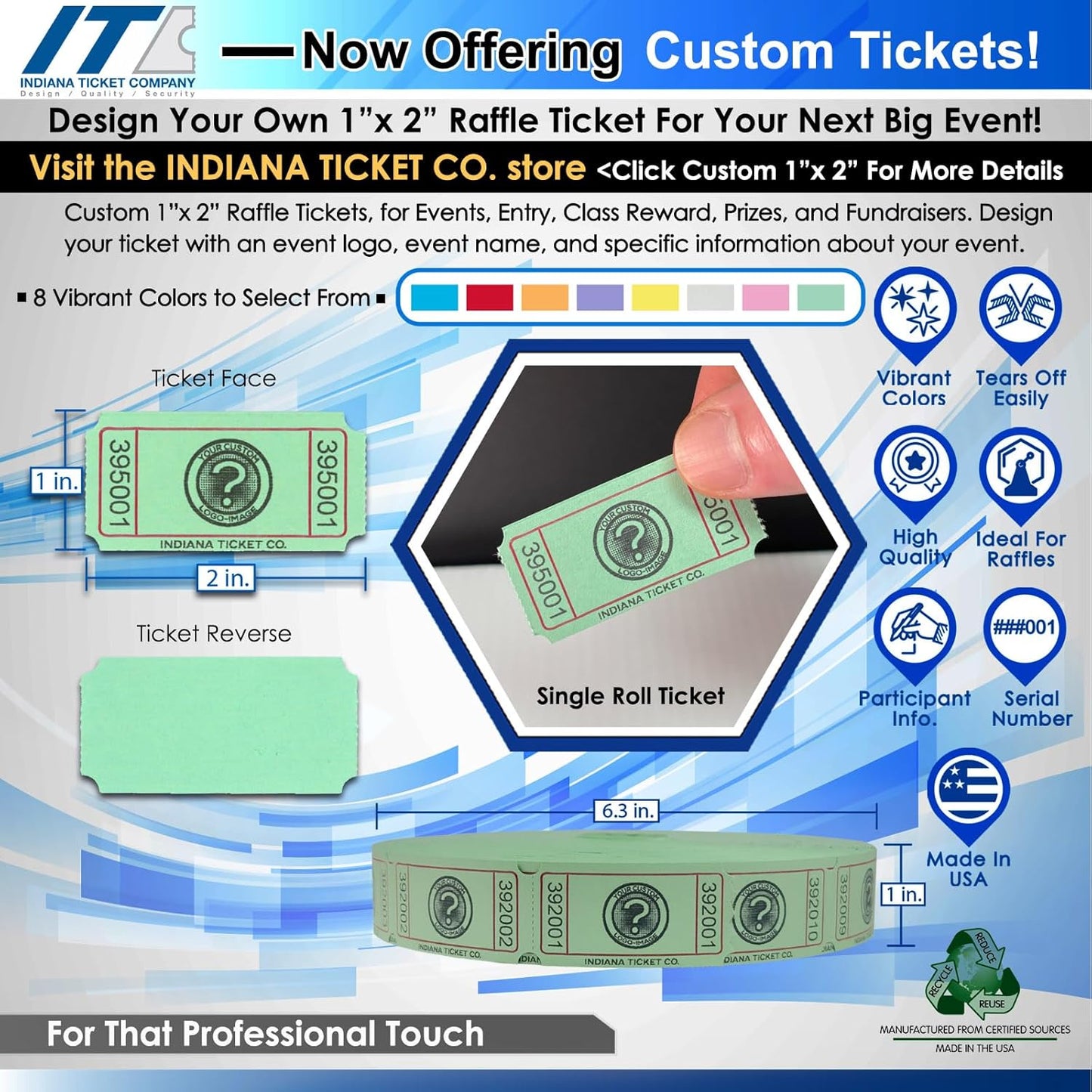 Custom 1” x 2” Single Roll Tickets, Design Your Roll Tickets with Event Logos, for Classroom Rewards, Events, Fundraisers, Door Entry, Raffles, Prizes, Drink/Food Tickets, & More (8 Color Selection)